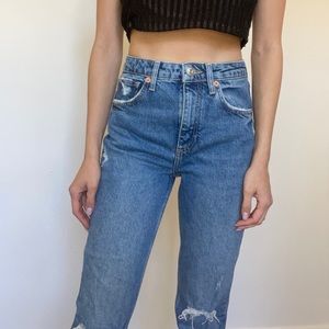 ZARA - Denim straight leg ripped Jean - medium blue wash - Size: 2